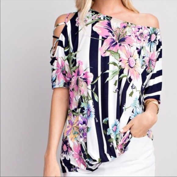 SwankStyles Tops - Floral print Navy Stripes Top